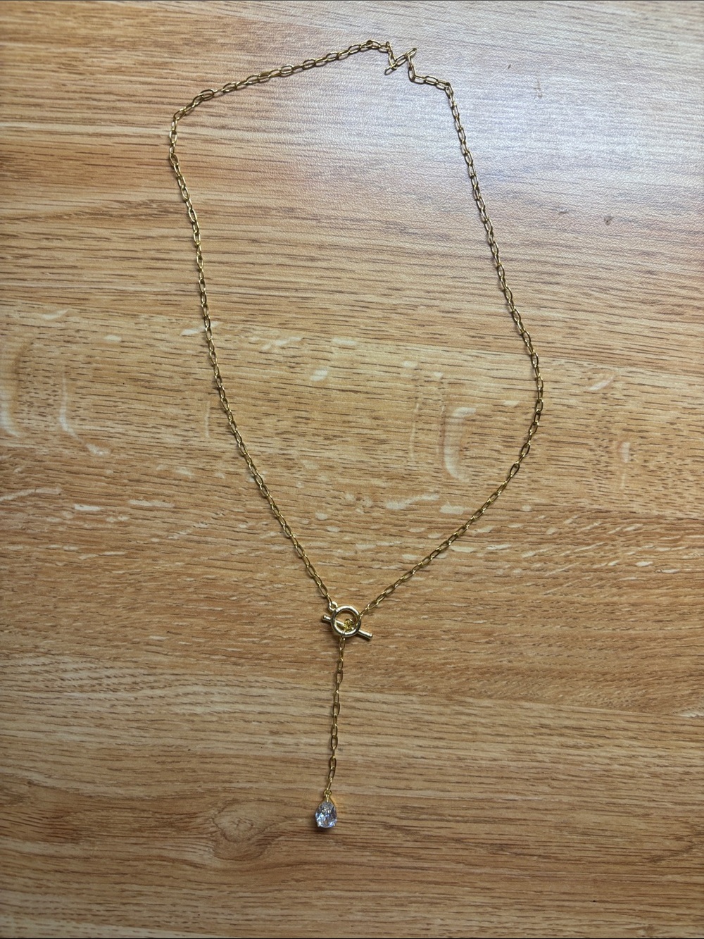 Gold Lariat Necklace with Clear Teardrop Pendant